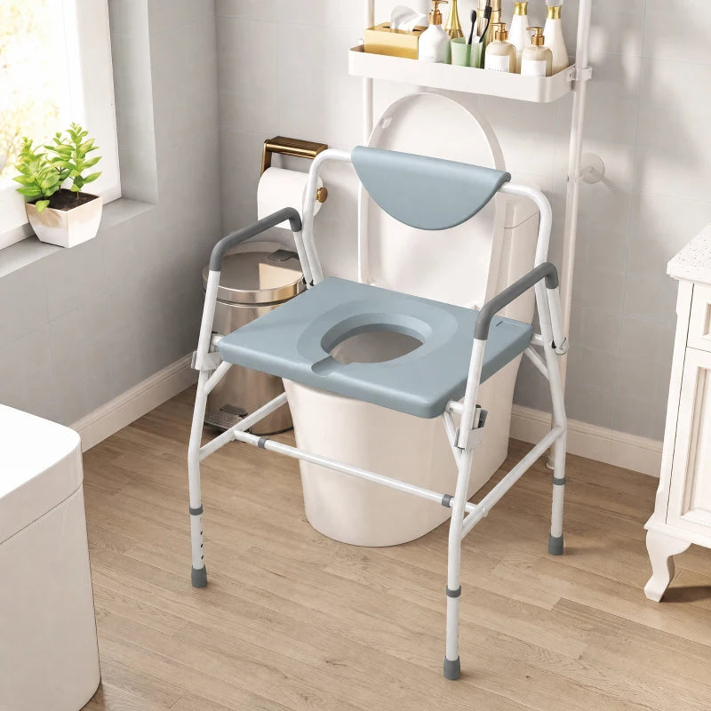 Bedside commode chair positioned over toilet with blue seat and backrest, white frame