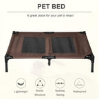 Brown elevated pet bed cot with wide mesh top and black metal legs