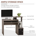 Grey computer desk with sliding keyboard tray, open compartment, and fabric drawer