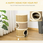 Khaki cat scratching barrel tower with cat using the lower circular doorway