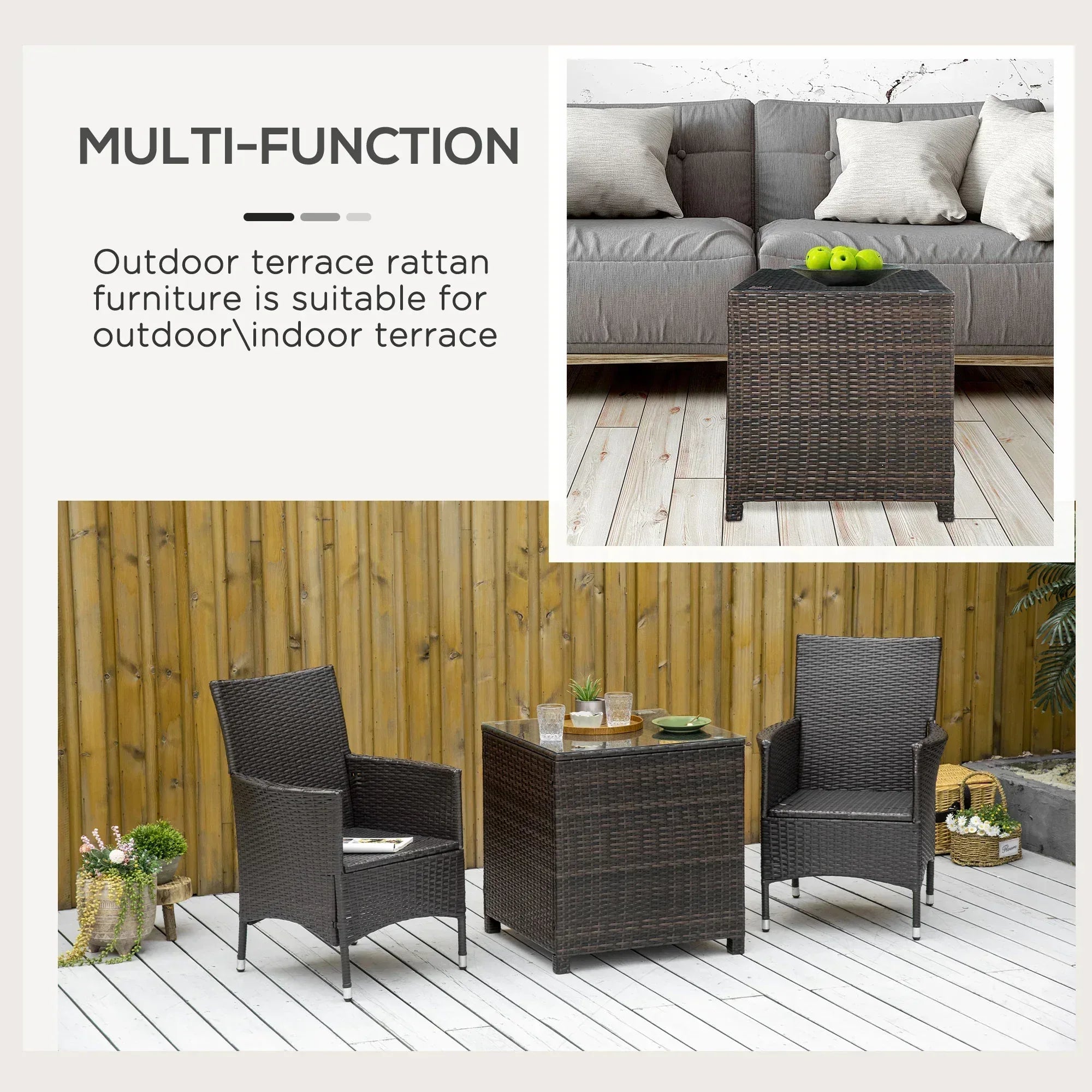 Rattan Garden Furniture Side Table Patio Frame Tempered Glass New - Brown - Bobobiy