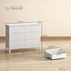 White fluted 6-drawer dresser with drawer fronts and gold round knobs, side view