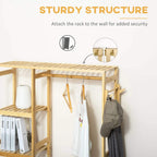 Bamboo clothes rack with wall attachment; hanging rail above open shelves