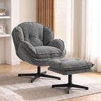Grey upholstered swivel armchair with adjustable footstool and padded seat