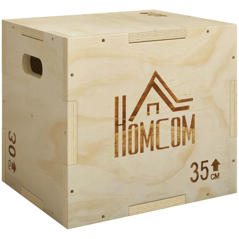 Natural wooden plyometric jump box with side handle opening and HOMCOM logo