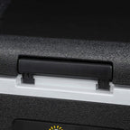 Retractable handle on portable cooler front, black textured body with white base