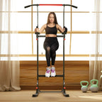 Pull-up power tower with black frame and red bar for bodyweight training