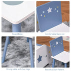 Kids table and chair set with rounded edges, sturdy legs, and star-pattern backrest