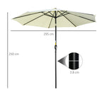 Beige tilting umbrella dimensions: 295 cm canopy span and 250 cm height; ribbed canopy