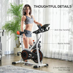 Stationary exercise bike with anti-slip handlebars, bottle holder, and toe-cage pedals
