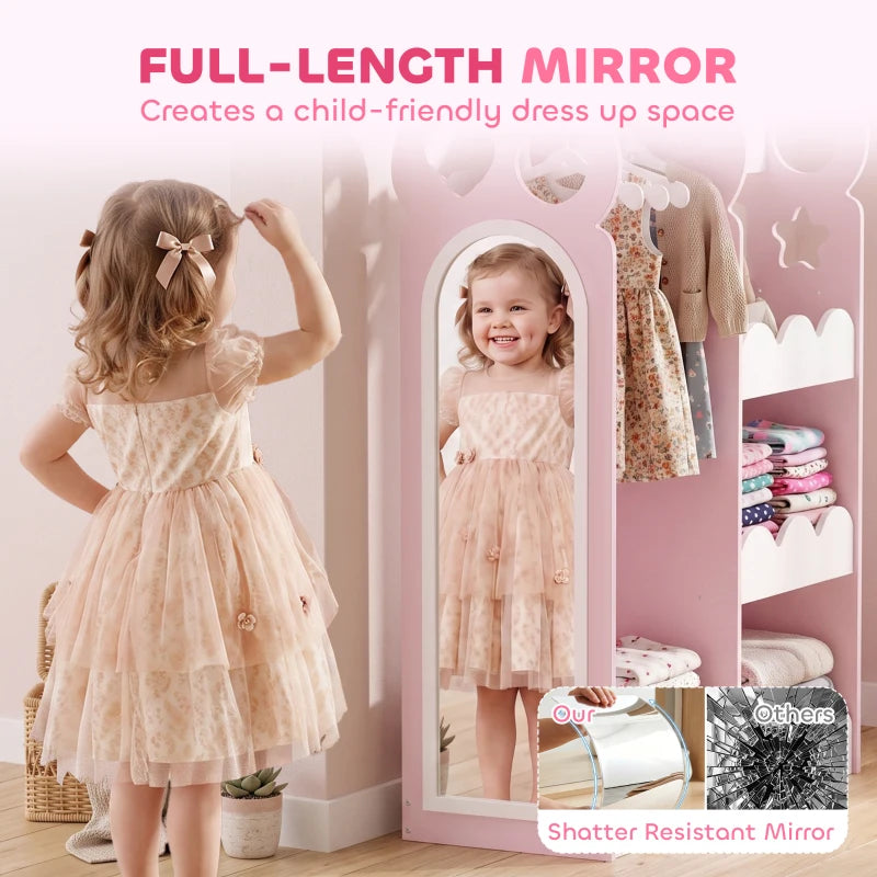 Kids pink dress-up wardrobe with full-length shatter-resistant mirror and open storage