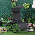 Black outdoor folding rocking lounge chair with headrest and side tray