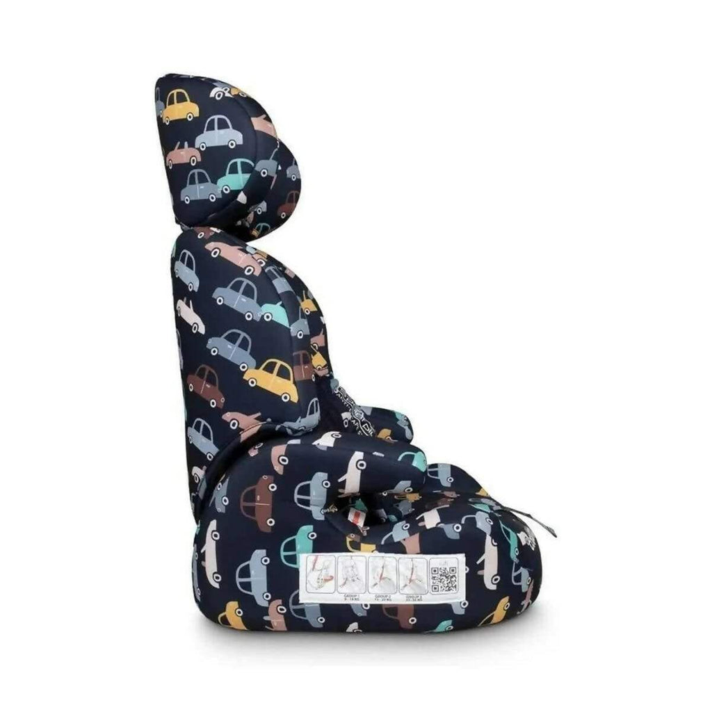 Group 1-3 car seat side view with navy vehicle print and padded safety harness