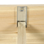 Greenhouse raised bed corner hinge bracket on light wood panel