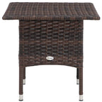 Brown woven rattan-style outdoor side table with square top and metal corner legs