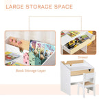 White kids desk and chair set with pull-out drawer for book storage and open shelves