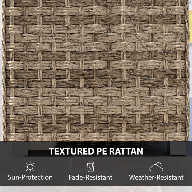 Close-up of textured light brown PE rattan woven side panel on outdoor coffee table