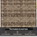 Close-up of textured light brown PE rattan woven side panel on outdoor coffee table