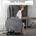 Grey PU leather power lift recliner chair with tilting seat and raised backrest