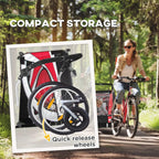 Red baby bike trailer with front wheel and quick-release style mounting