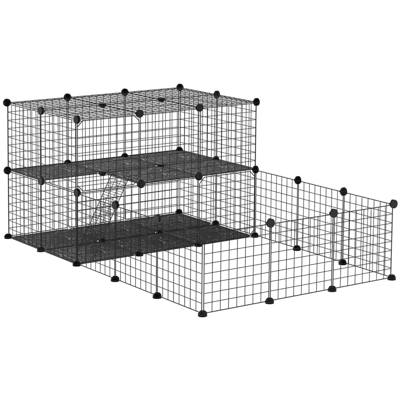 Black metal mesh pet playpen cage with two tier platforms and open door section