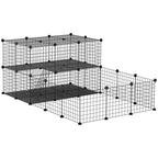 Black metal mesh pet playpen cage with two tier platforms and open door section