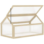 Wood-framed cold frame greenhouse with clear polycarbonate panels and openable lid