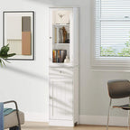 White freestanding bathroom cabinet with top door shelf and bottom drawer and door