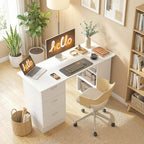 White desk with three drawers and open cubbies along the side for office storage