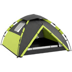 Two-person camping tent front view with green poles, gray base and door opening