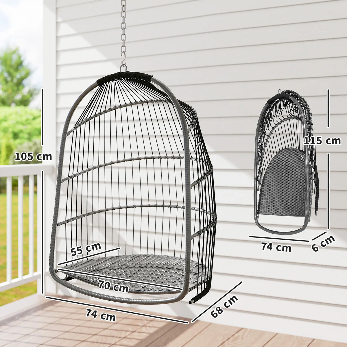Outsunny Hanging Egg Chair, Foldable Rattan Garden Swing Chair with Installation Kit, Thickened Cushion and Headrest