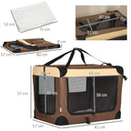Brown foldable pet carrier with beige cushion, showing fold panels and dimension labels