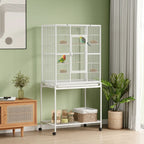 White bird cage on wheels with front shelf and side access doors for birds