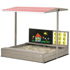 Grey kids wooden sandpit with canopy, built-in seats, and open sand area