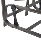 Brown metal rocker mechanism with curved frame arms for gliding rocking chair