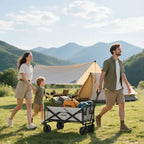 Dark grey folding pull cart wagon with mesh sides and telescopic handle for outdoor use