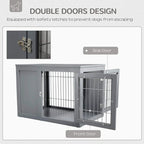 Grey double-door dog crate with side door and front door latches, wire enclosure