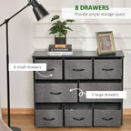 Dark grey fabric chest of drawers featuring multiple small and large pull drawers