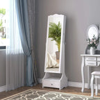 White floor-standing mirrored jewelry cabinet with flip lid and storage base