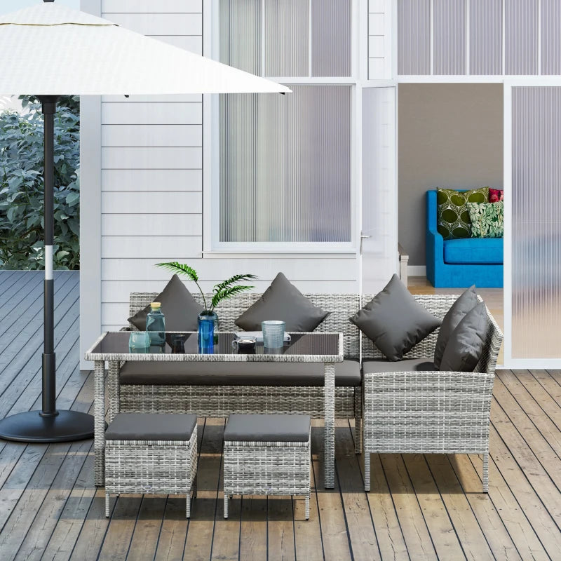 tsunny 6-Seater Rattan Dining Set Sofa Table Footstool Outdoor w/ Cushion Garden Furniture, Dark Grey