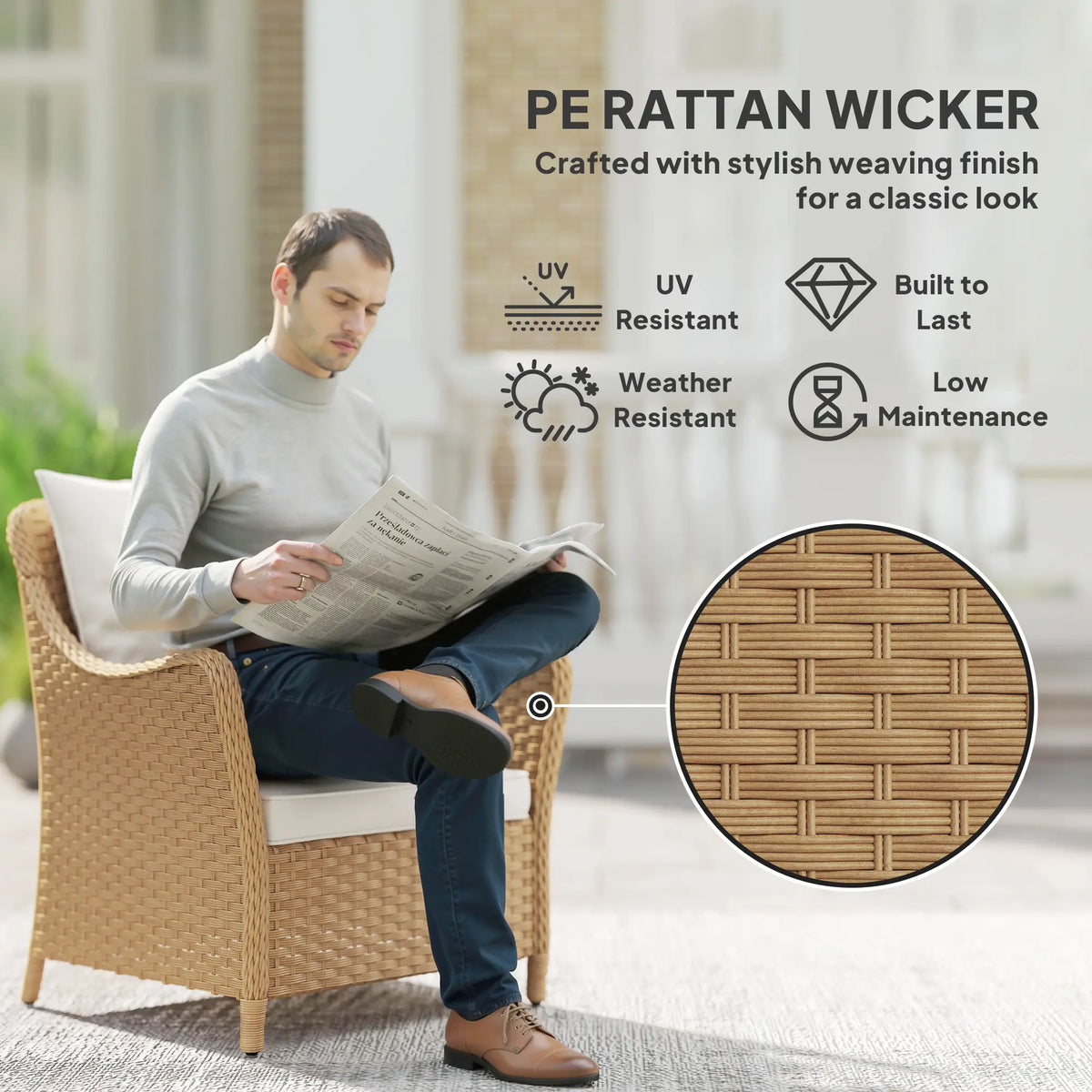 Outsunny Rattan Garden Chairs Set of 2, Outdoor Rattan Chairs with Cushions, Armrests and High Back, PE Wicker Garden