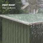 Light green pent roof metal shed corner with rain-shedding edge