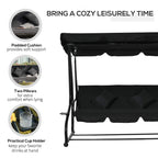 Black three-seater swing bed with padded cushion, two pillows, and cup holder