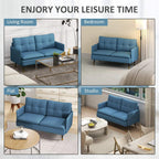 Blue upholstered loveseat sofa with tufted back cushions and steel legs
