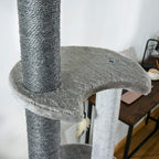 Light grey plush cat perch with sisal scratching pole and hanging feather toy