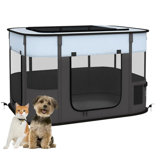Grey foldable dog pen with mesh walls, front zip door, and black top panel