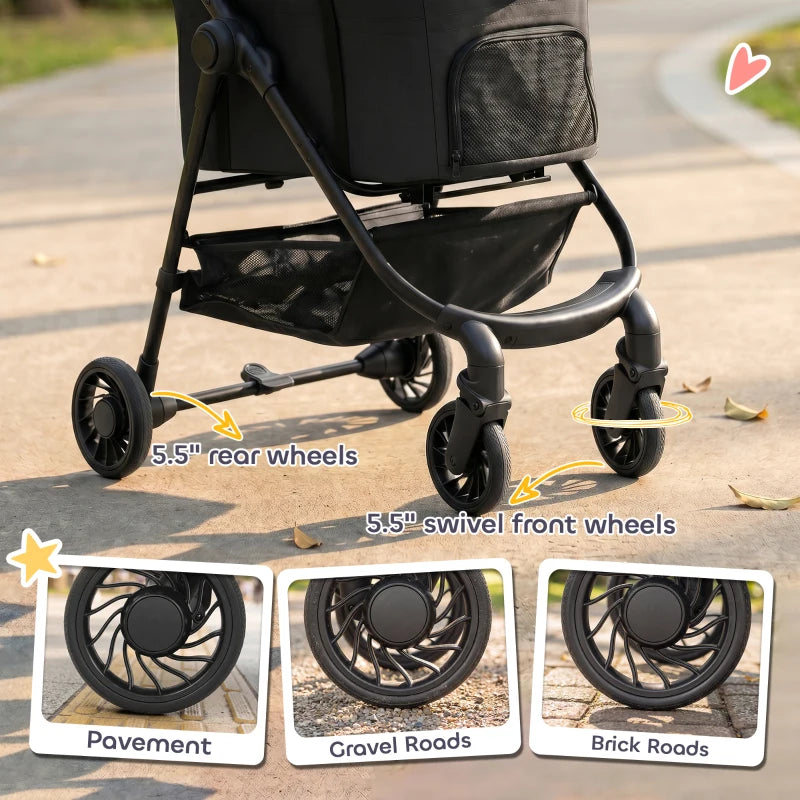 Black pet stroller with 5.5 in swivel front wheels and 5.5 in rear wheels