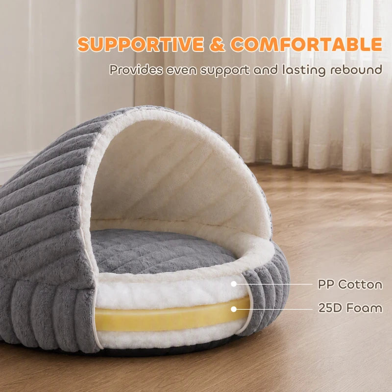 Grey cat cave bed with thick supportive cushion base and soft inner lining