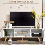 White TV stand cabinet with open shelves and two cabinets, wood legs