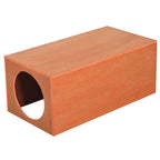 Golden red wooden cat hideaway shelter with an oval entrance hole on the side